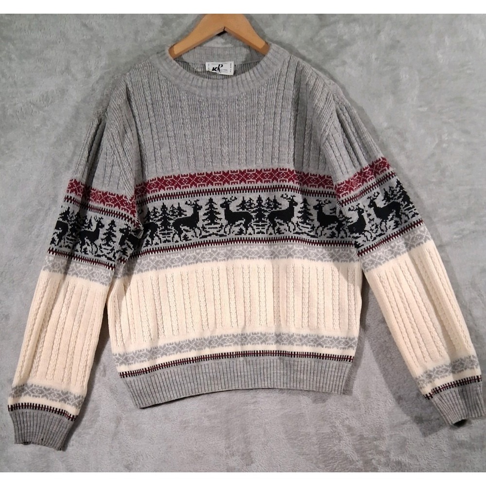 VTG Reindeer Ski Lodge Sweater Mens M Unisex Eclectic Grandpa Fair Isle 80s